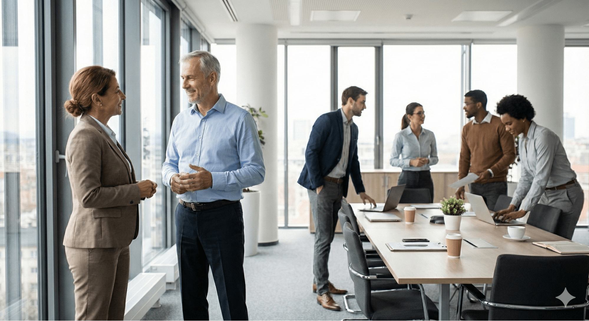 Business professionals meeting and conversing in a modern office setting, representing strategic 3PL evaluation and partnership discussions.