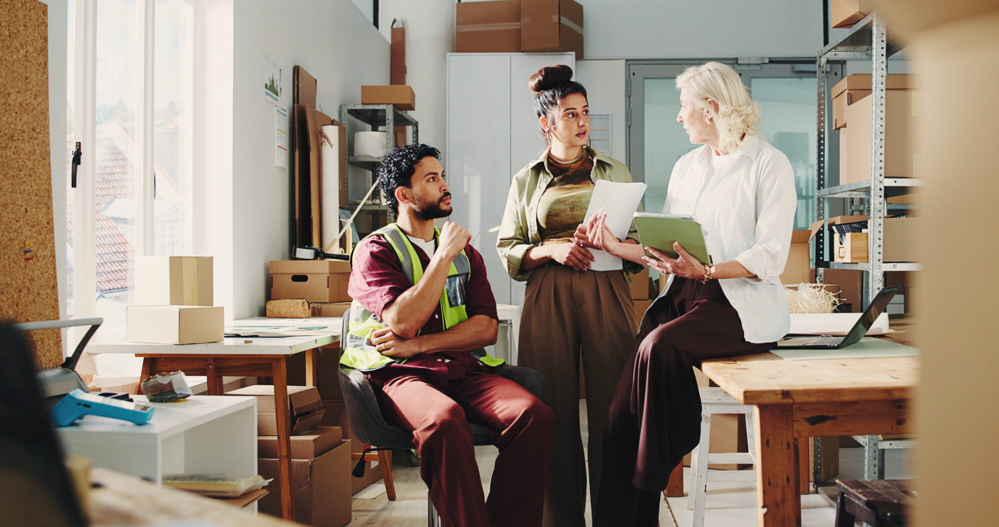 A small business team and a warehouse manager in a bright, compact fulfillment space discussing order volume and distribution strategy.