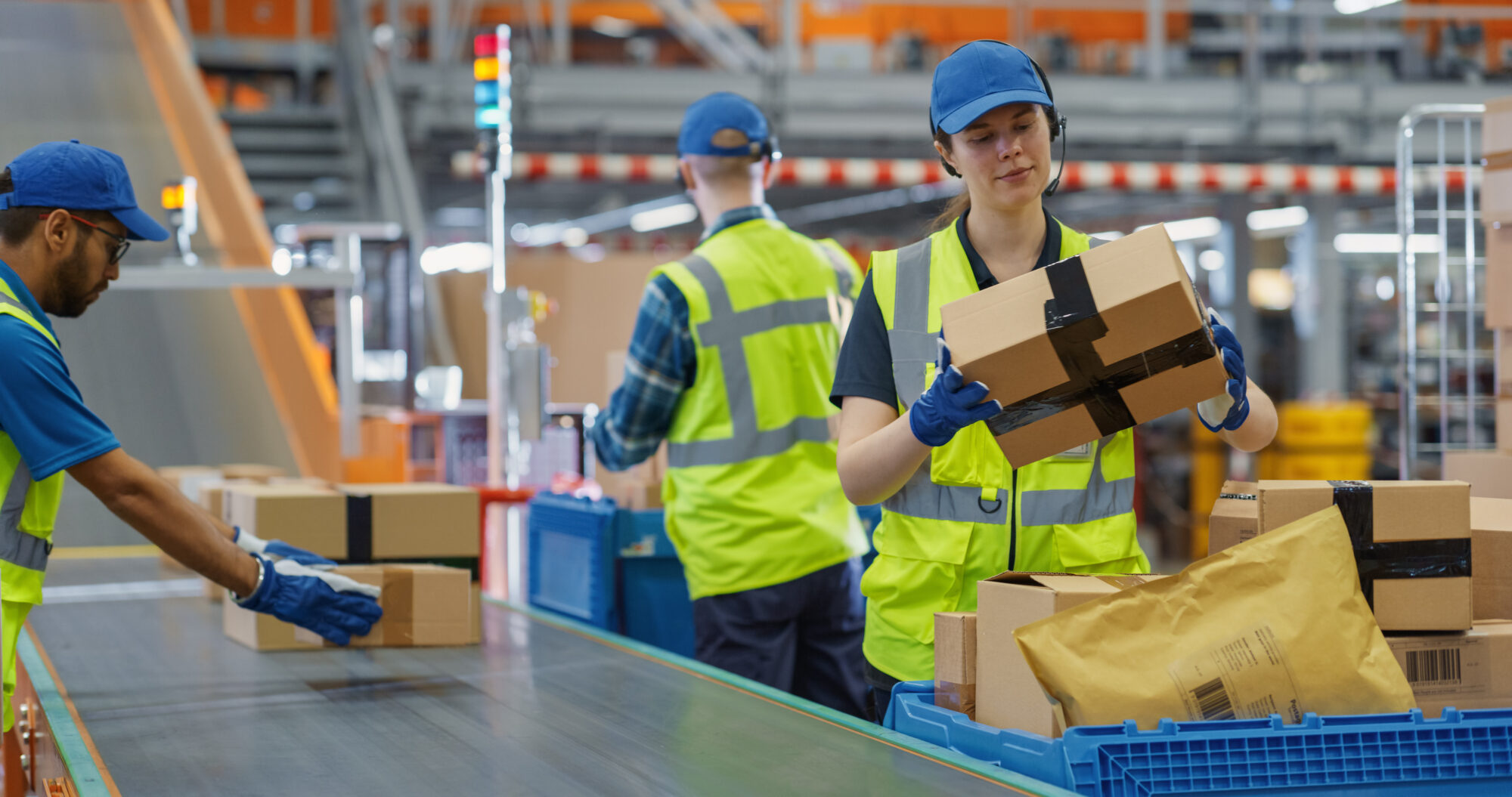 Warehouse employees in safety vests sorting and assembling packages on a modern fulfillment center conveyor line, demonstrating professional kitting operations