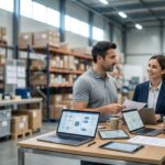 Logistics team reviews digital process flow in modern warehouse during 3PL onboarding.
