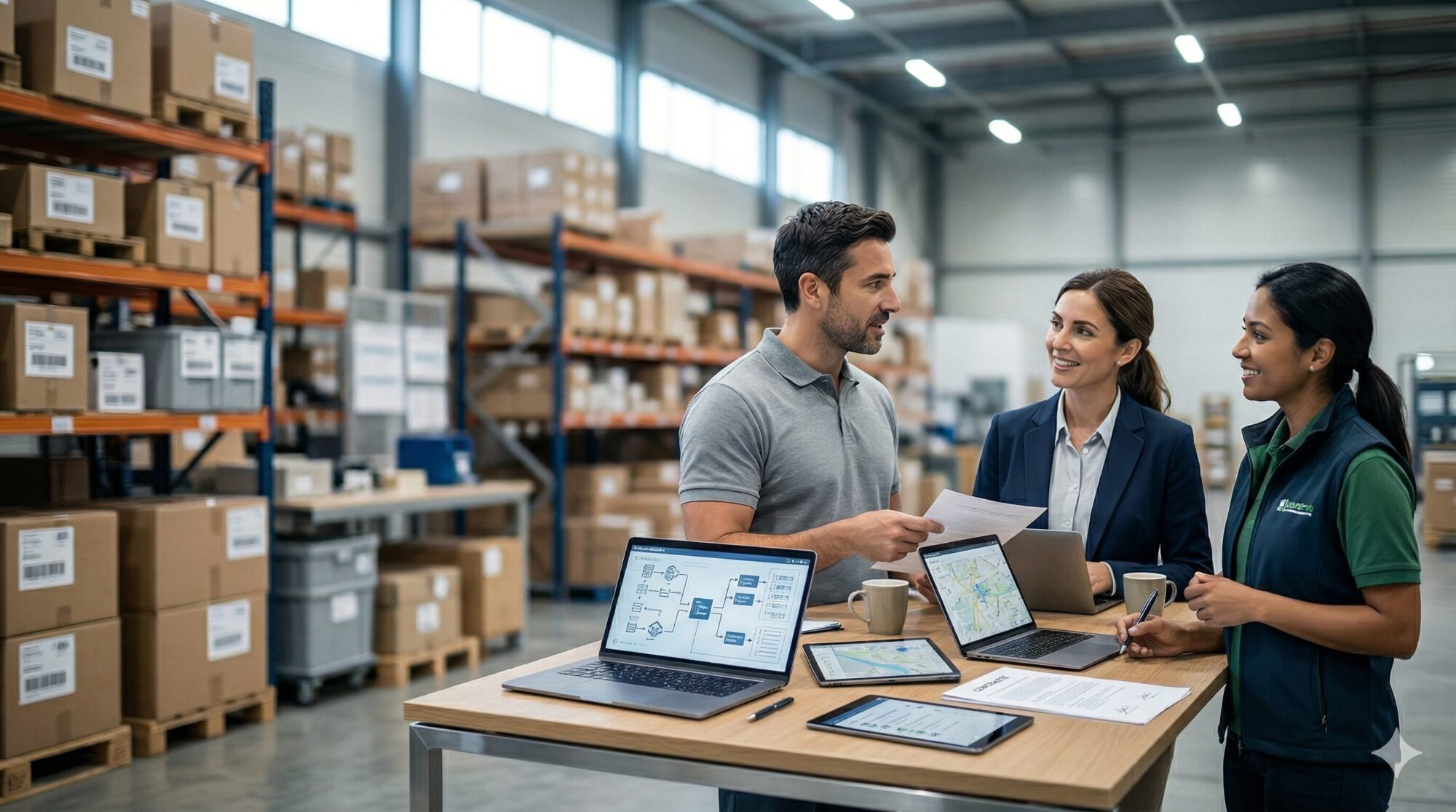 Logistics team reviews digital process flow in modern warehouse during 3PL onboarding.