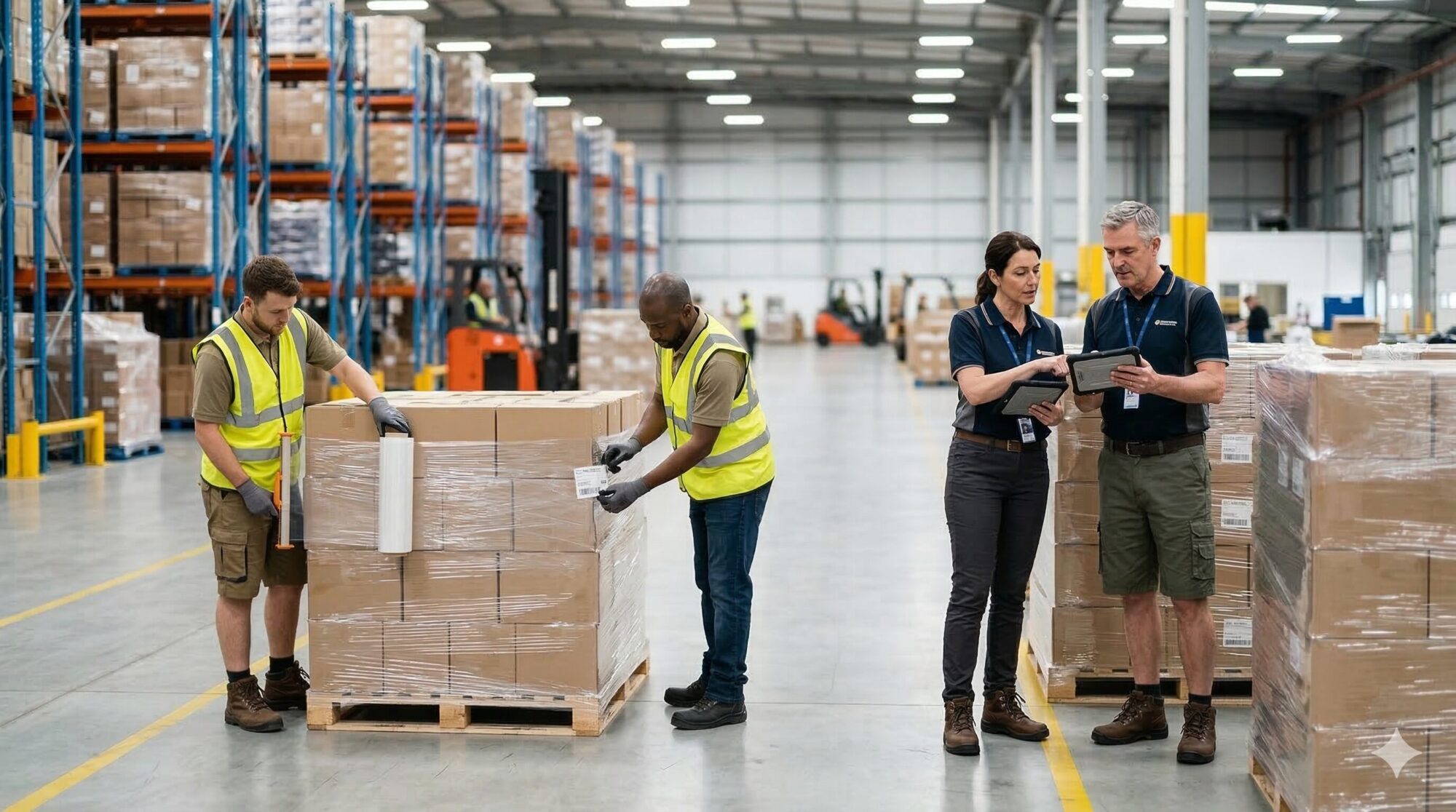 Warehouse team wrapping and inspecting pallets for Costco fulfillment compliance in a food-grade distribution facility