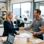 Manufacturer and 3PL partner shaking hands in warehouse office to finalize logistics partnership expectations