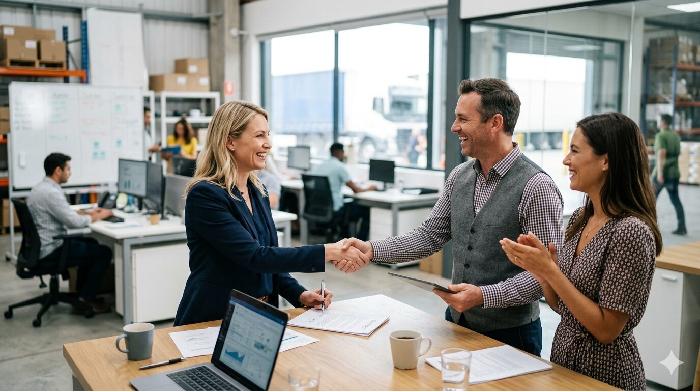 Manufacturer and 3PL partner shaking hands in warehouse office to finalize logistics partnership expectations