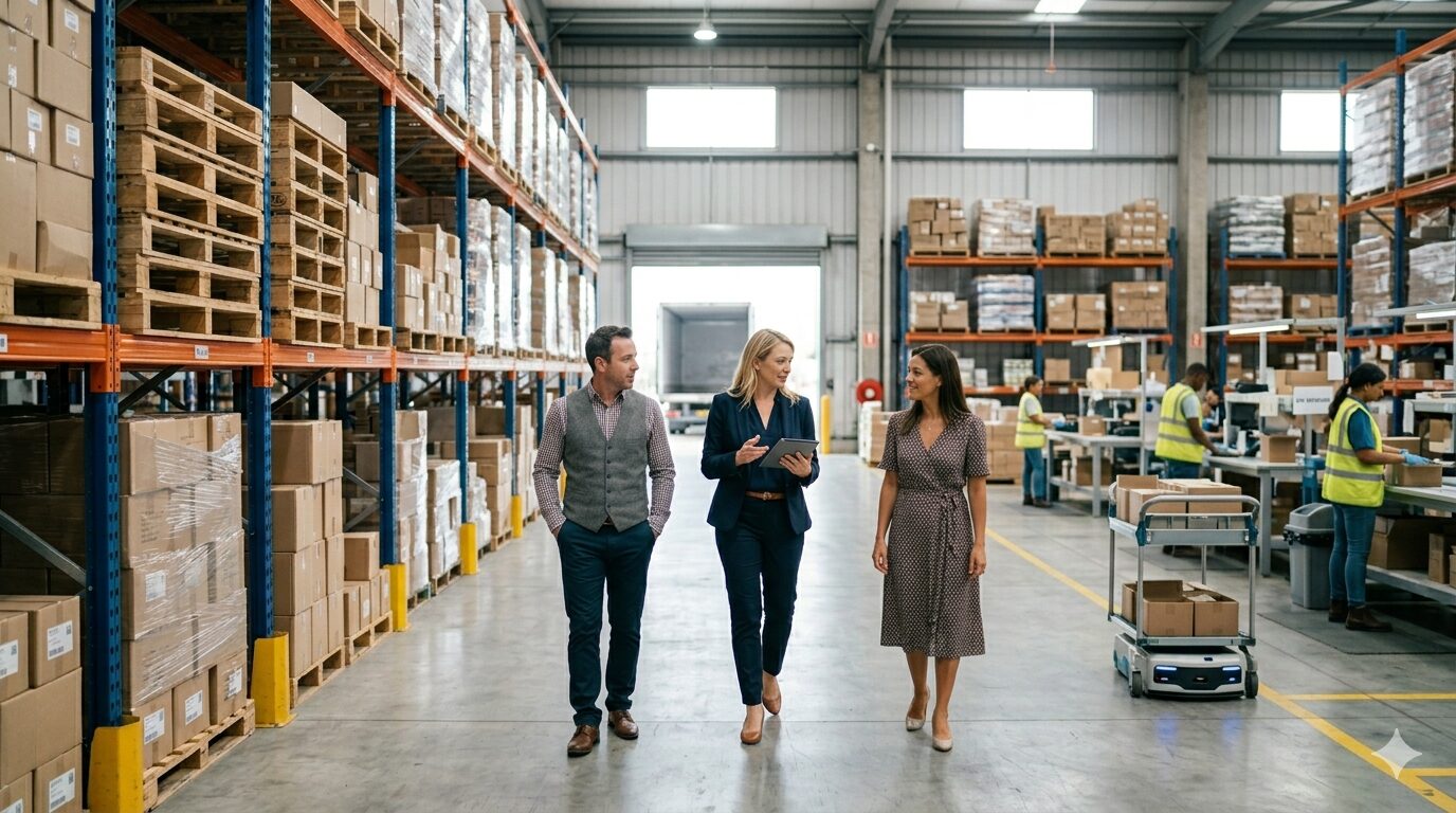 Manufacturer and 3PL logistics partners walking through active warehouse during partner evaluation