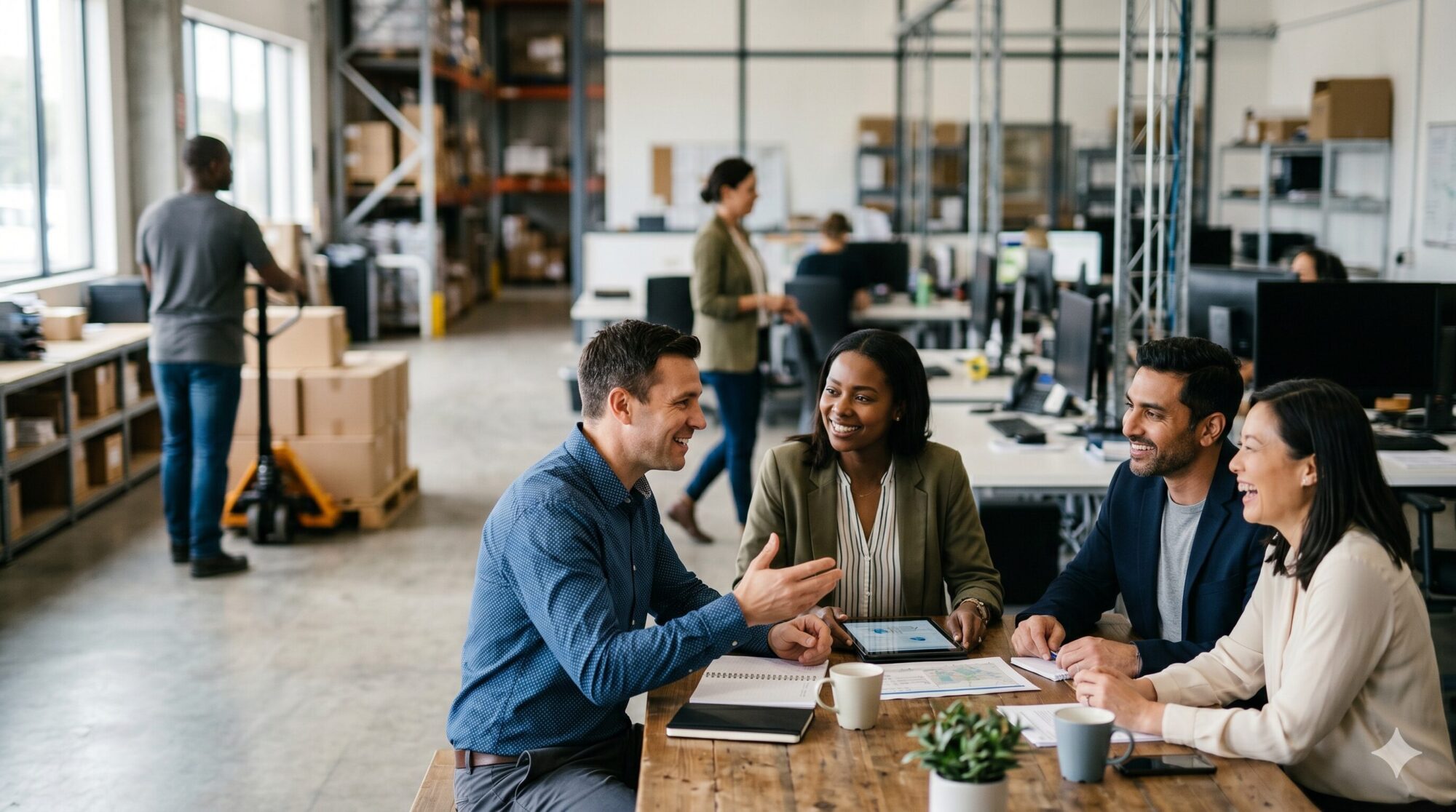 Four business professionals meeting at a table inside a warehouse facility, reviewing logistics data and discussing 3PL value-Added Services