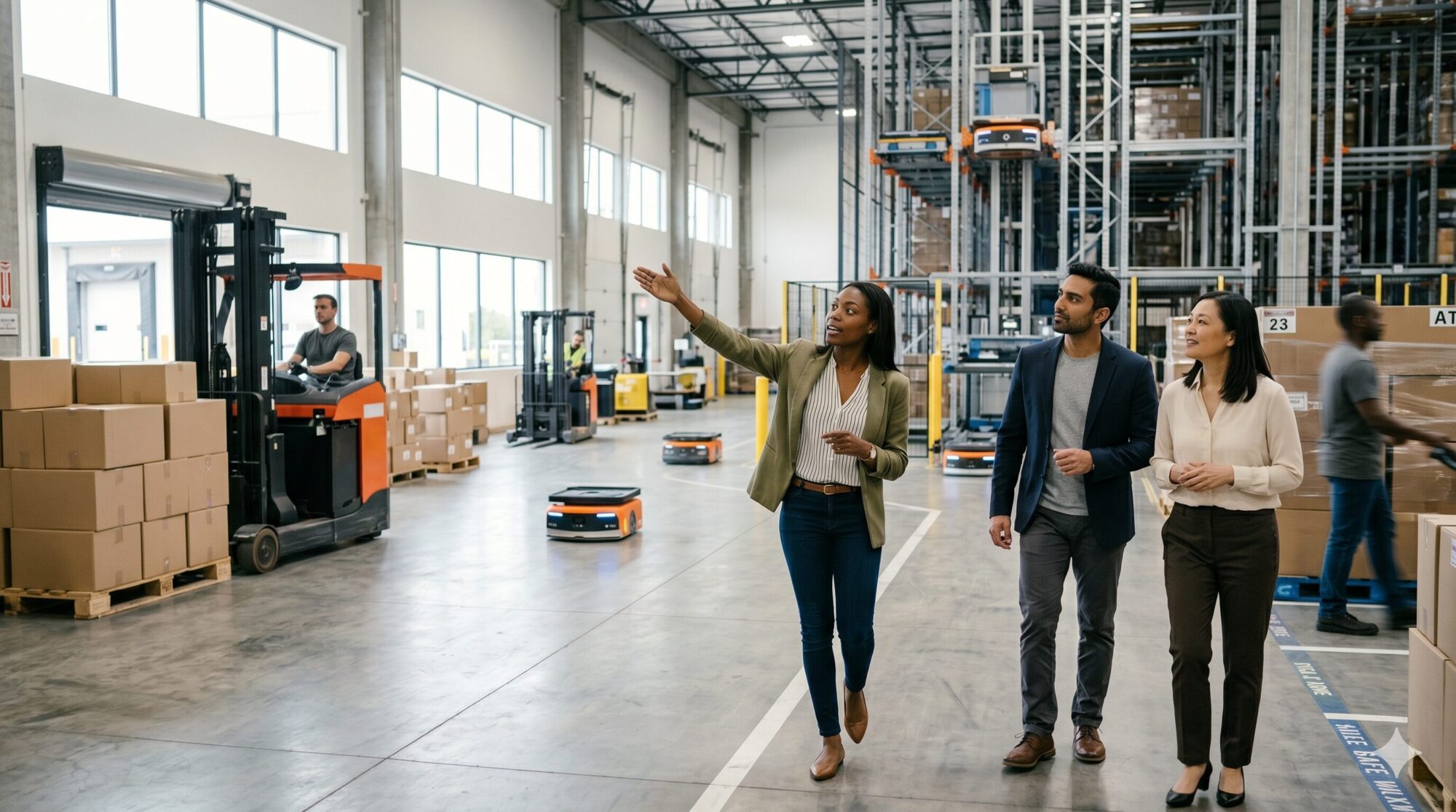 Manufacturers touring an active warehouse to evaluate 3PL value-added services and fulfillment capabilities