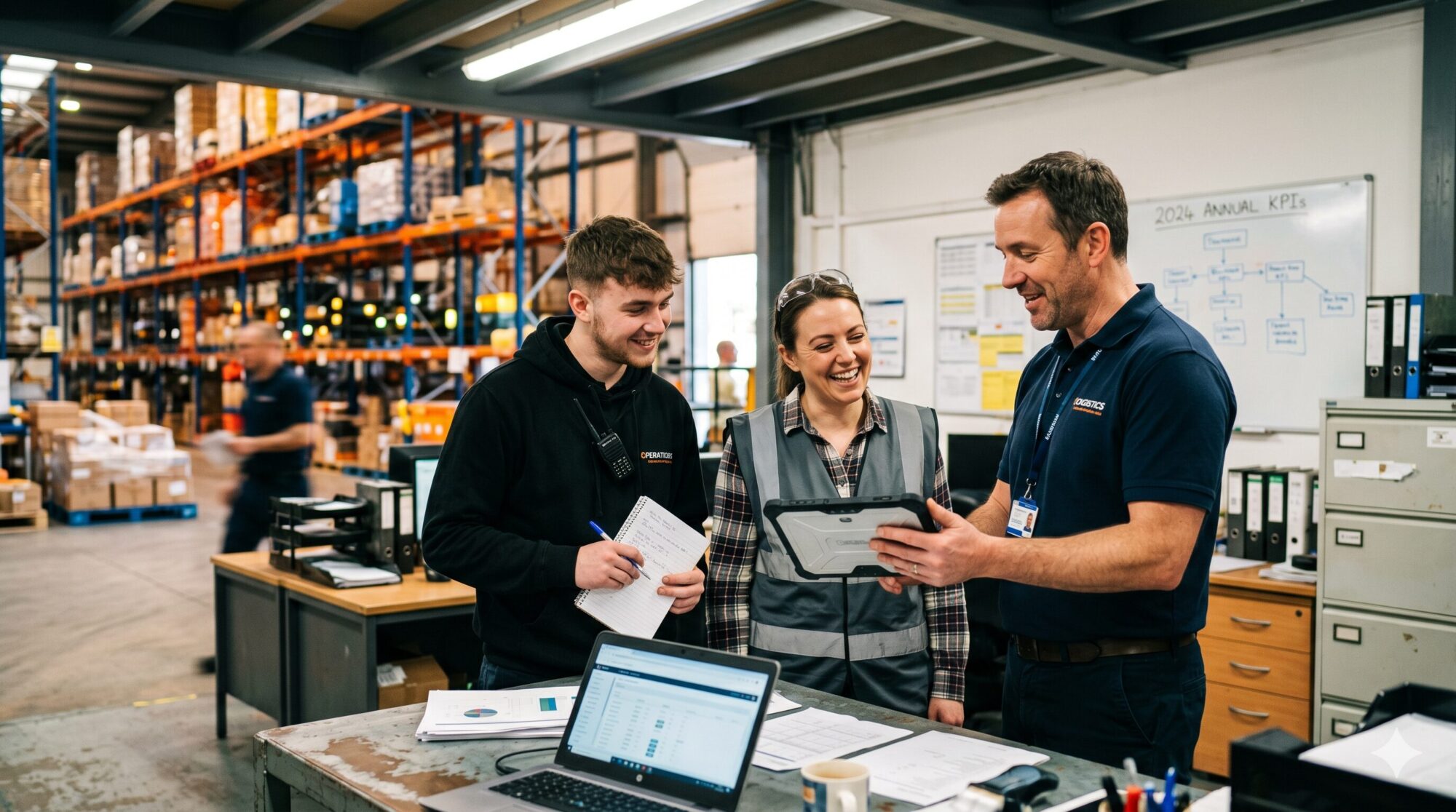 Warehouse operations team discussing annual KPIs and fulfillment performance data