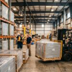 CWI Logistics warehouse team managing solar panel warehouse storage across multiple pallet positions in Florida