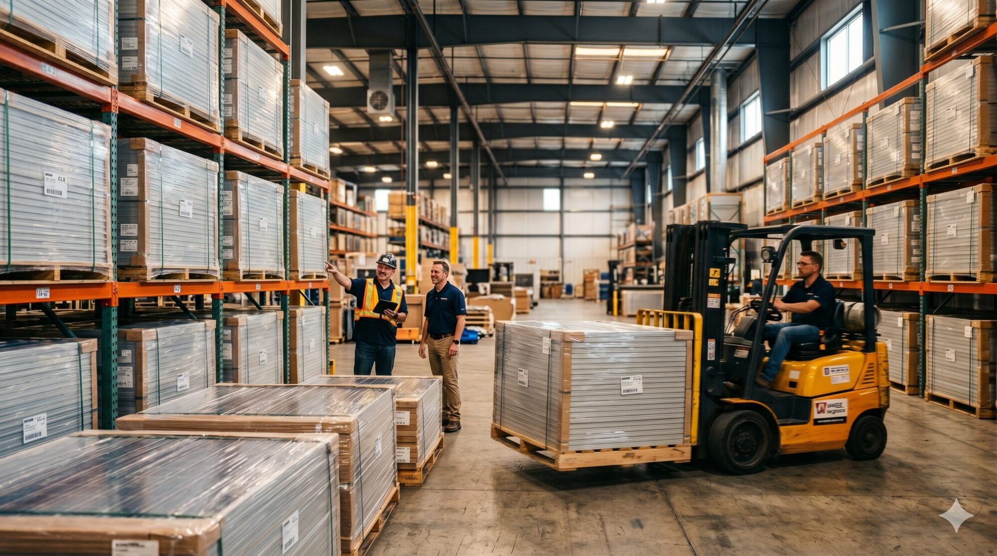 CWI Logistics warehouse team managing solar panel warehouse storage across multiple pallet positions in Florida