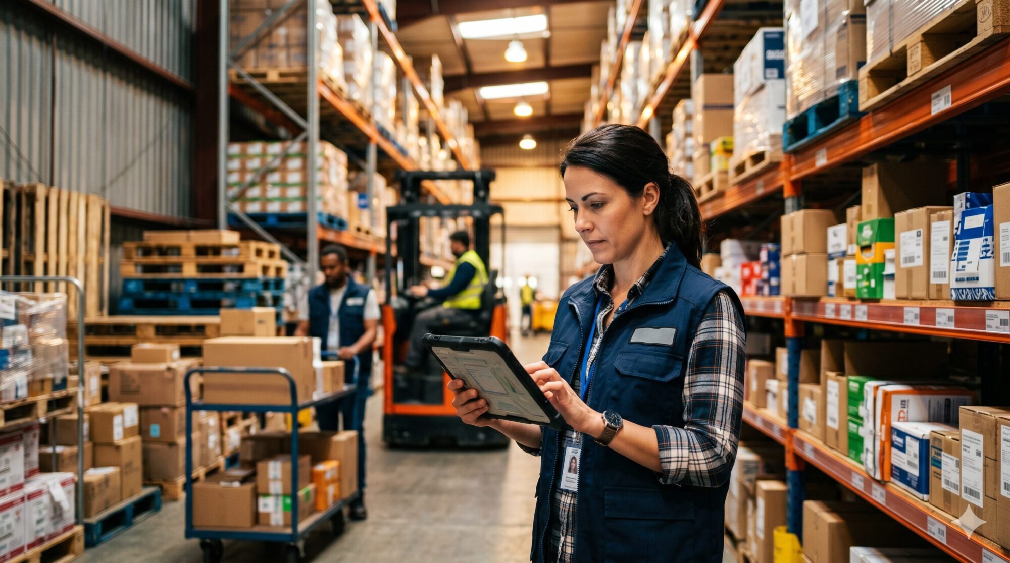 Warehouse manager reviewing 3PL performance metrics on a tablet during active fulfillment operations