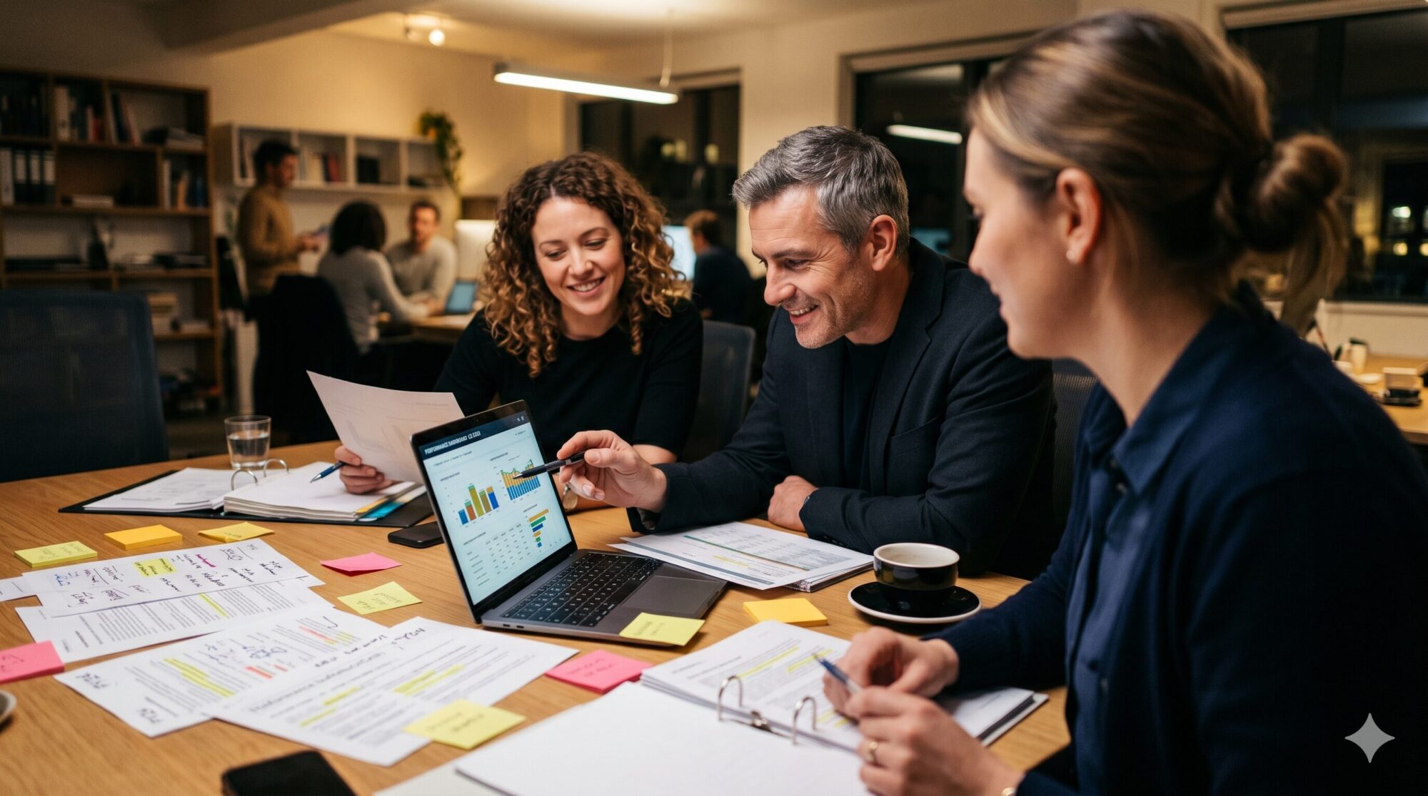 Brand team reviewing 3PL performance metrics on a laptop during a fulfillment strategy meeting