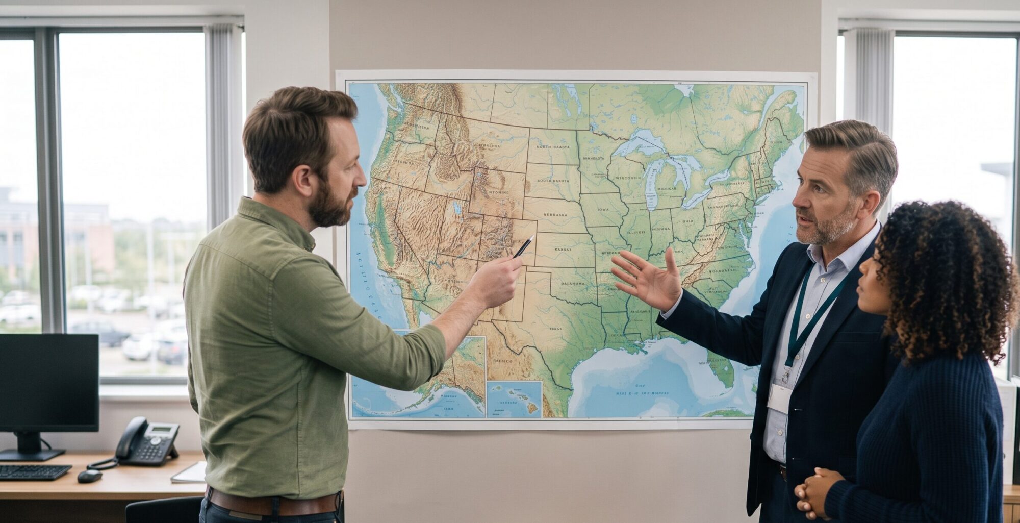 Manufacturer team reviewing distribution locations on a map to manage 3PL partnership risk