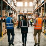 Manufacturer and 3PL partner walking the warehouse floor discussing operations