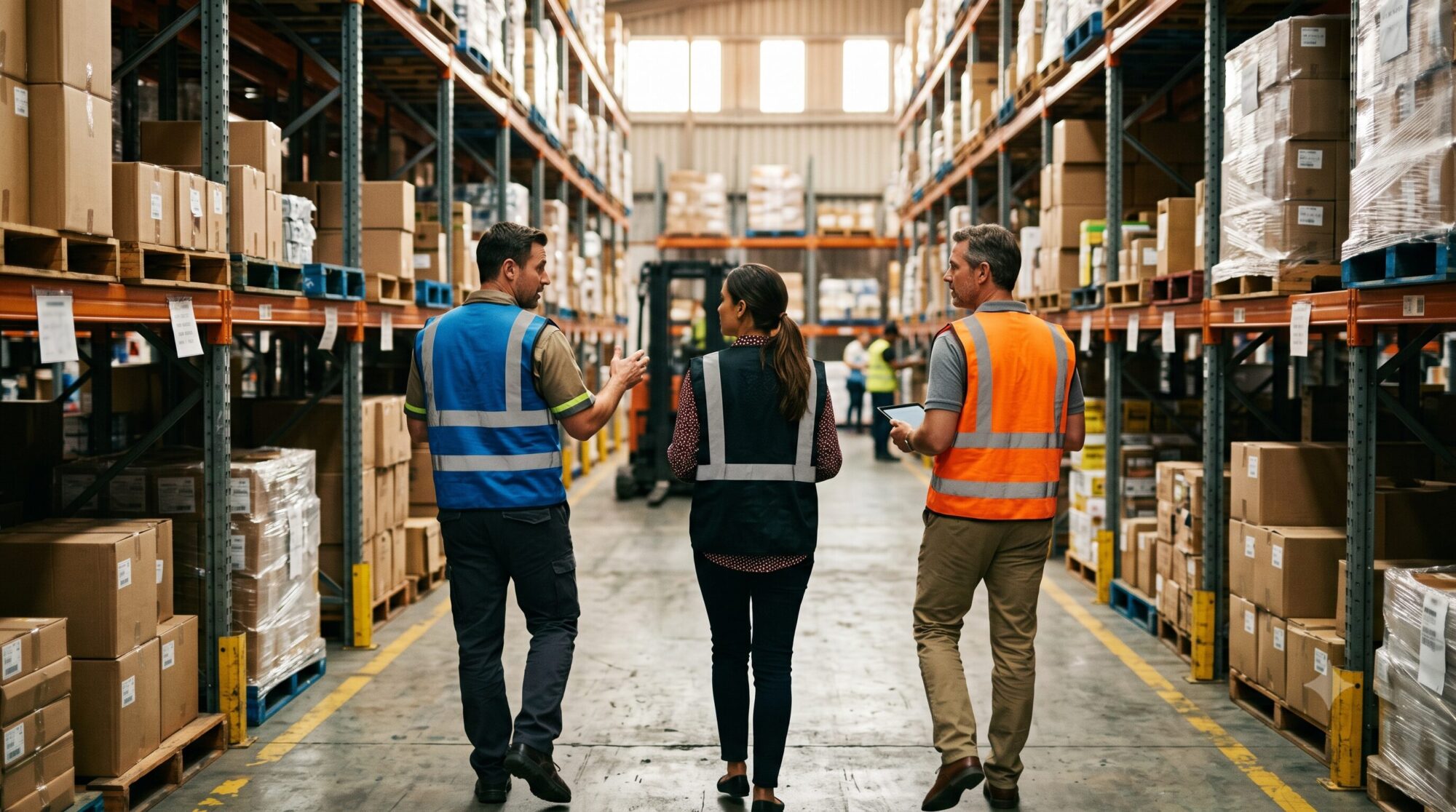 Manufacturer and 3PL partner walking the warehouse floor discussing operations